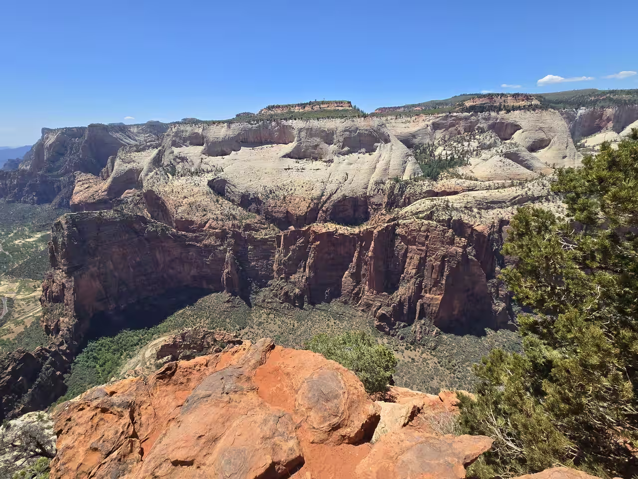White sandstone dome formations and canyon walls seen from Observation Point