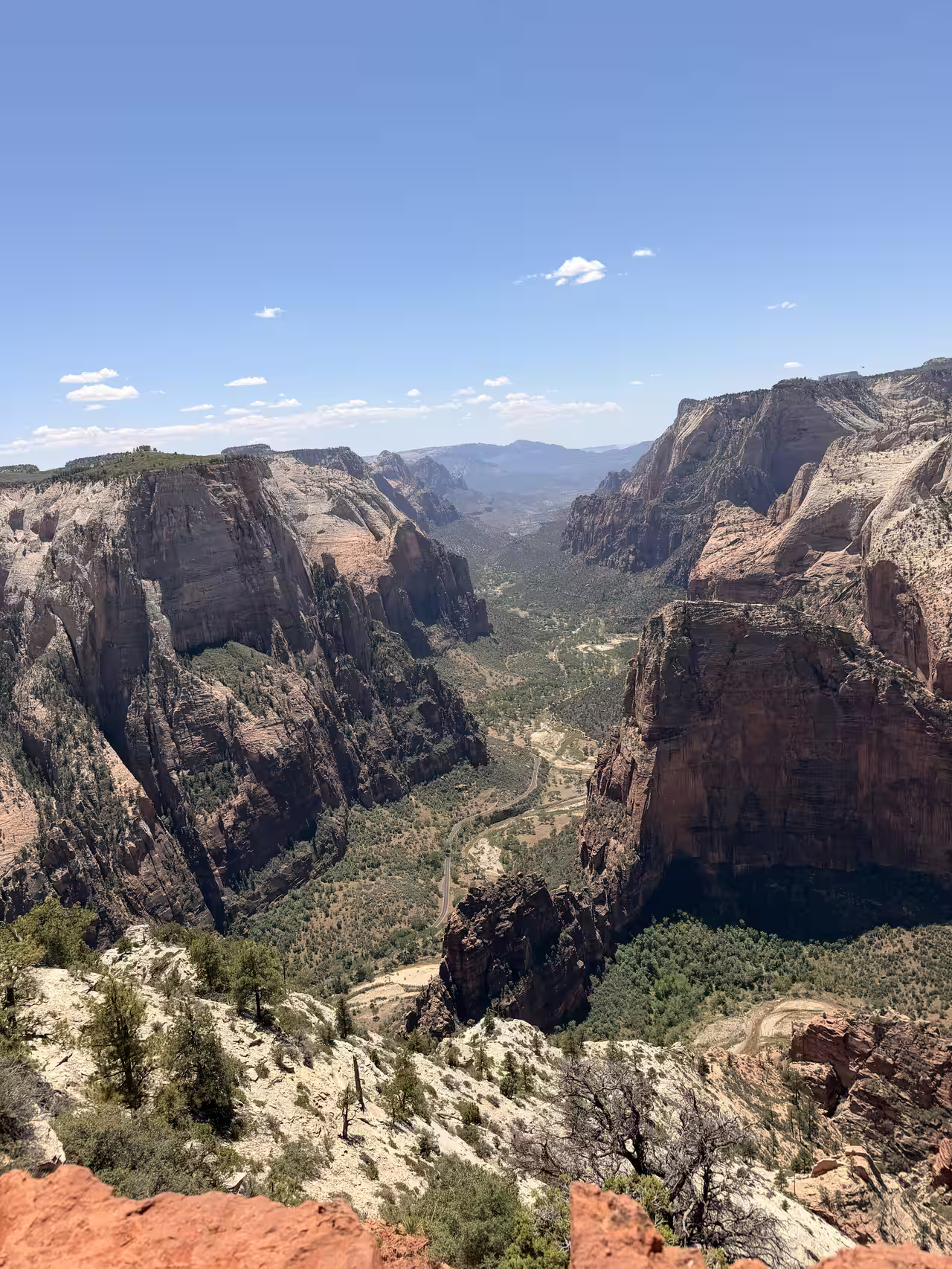 Vertical panoramic view from Observation Point down Zion Canyon with Angels Landing visible
