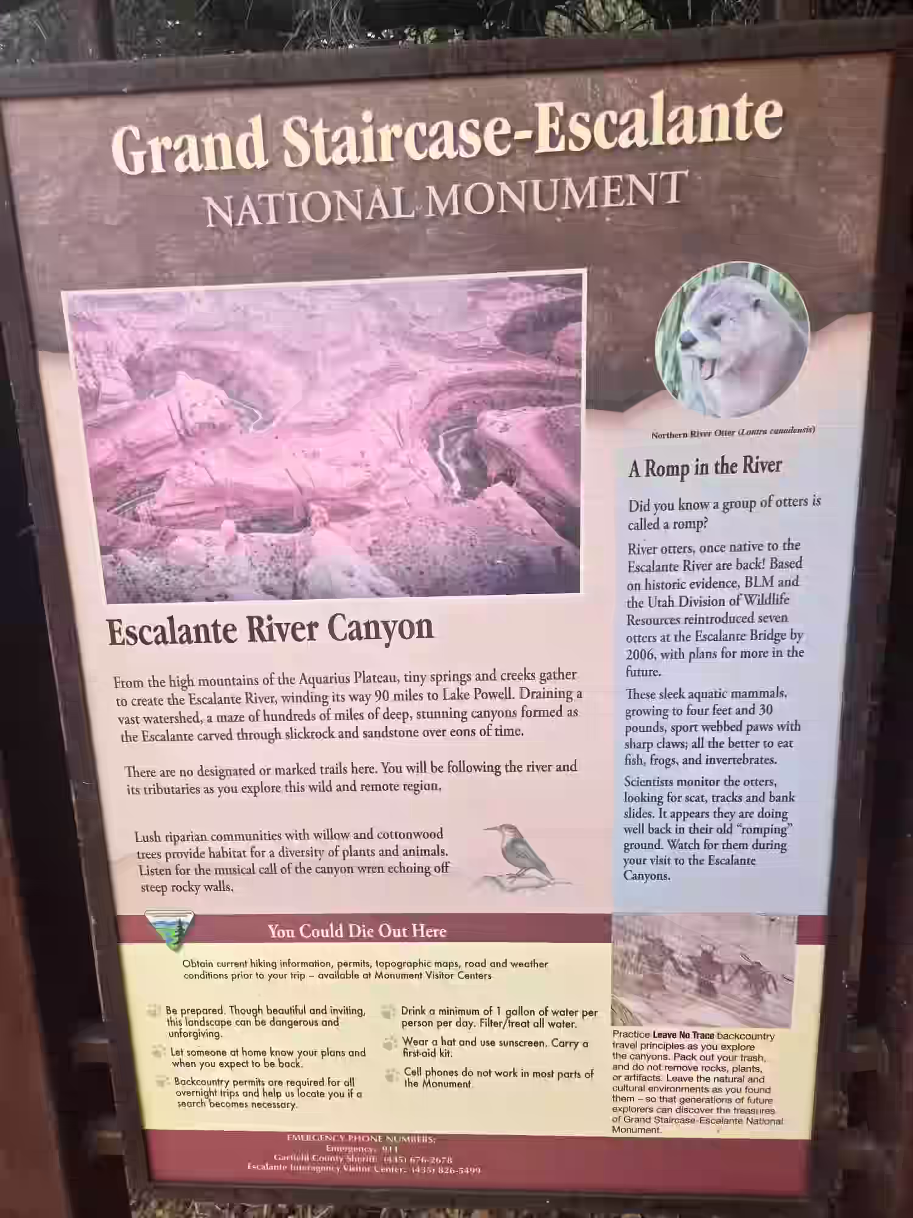 Escalante River trailhead information sign Utah